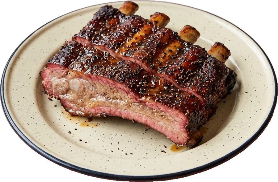 Half slab of smoked pork ribs with a dark peppery bark on an enamel plate
