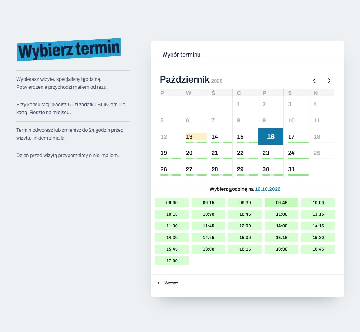 Calendar with free days and available times