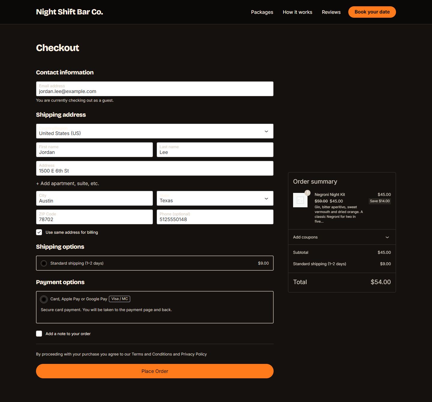 Checkout with a US address, shipping and card payment