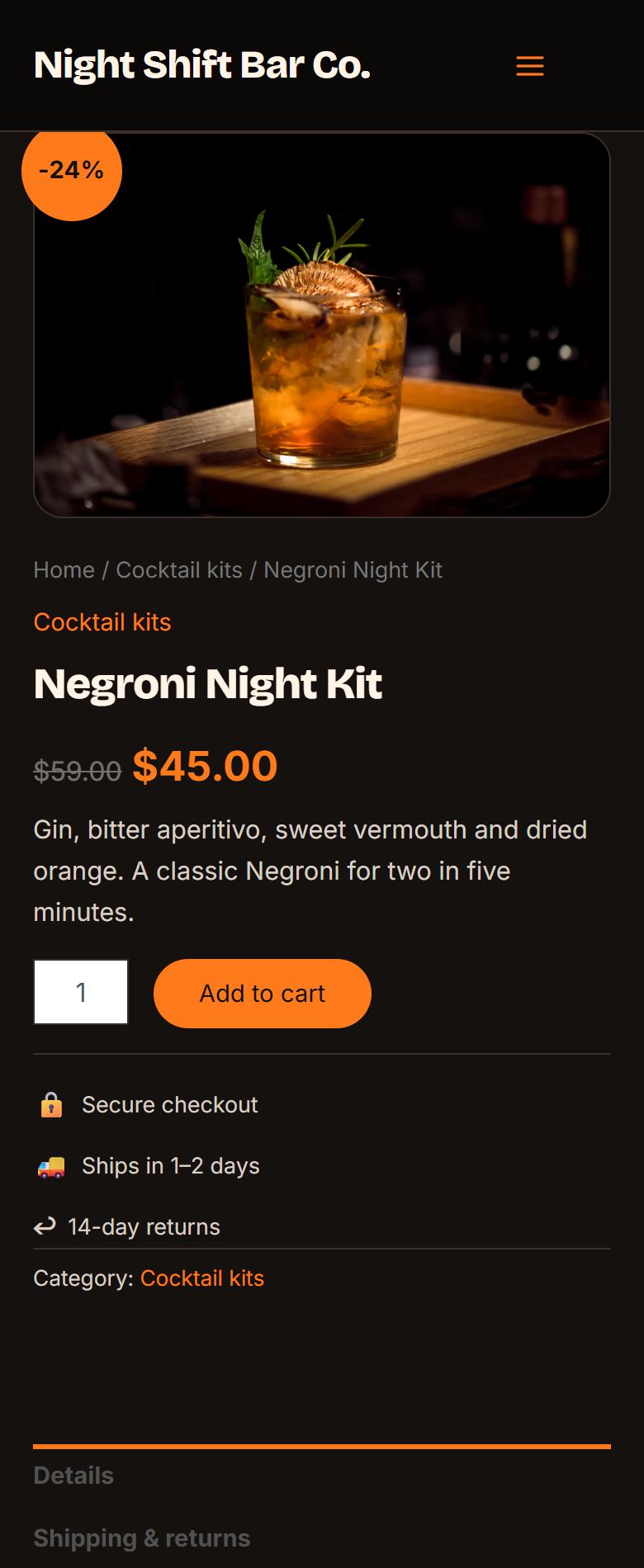 Product page on a phone