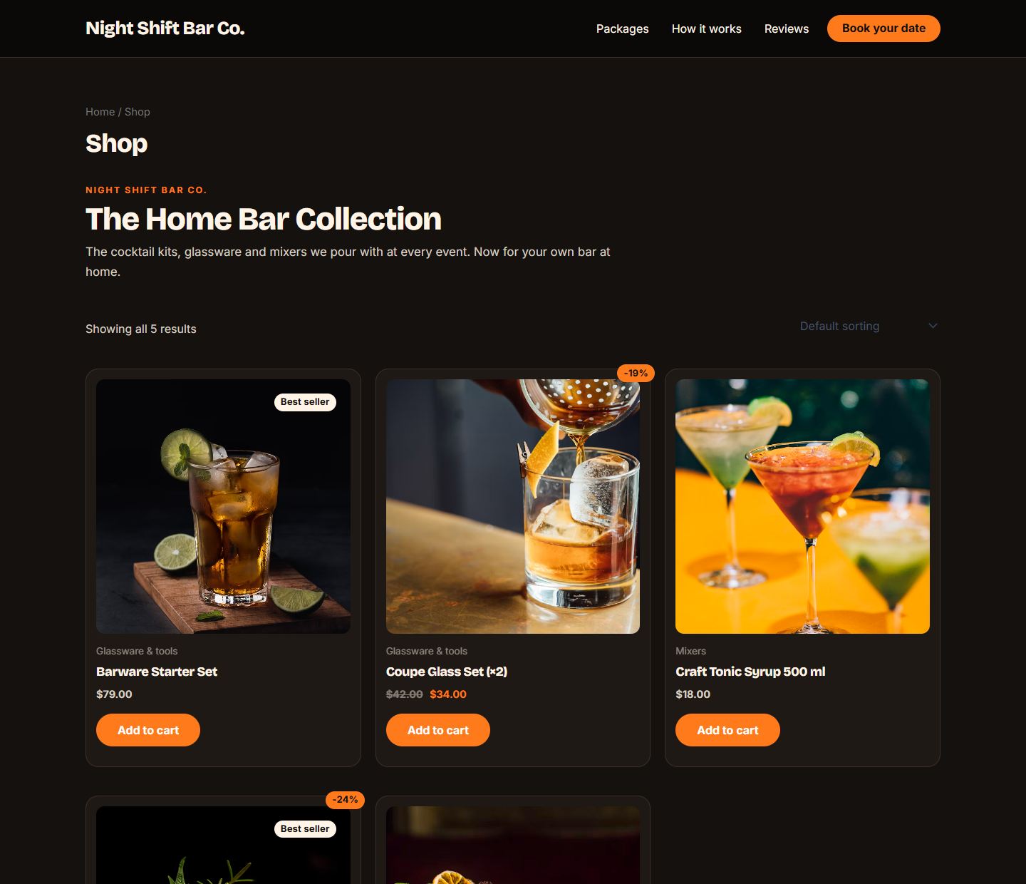 Shop page with cocktail kits, sale and best-seller badges